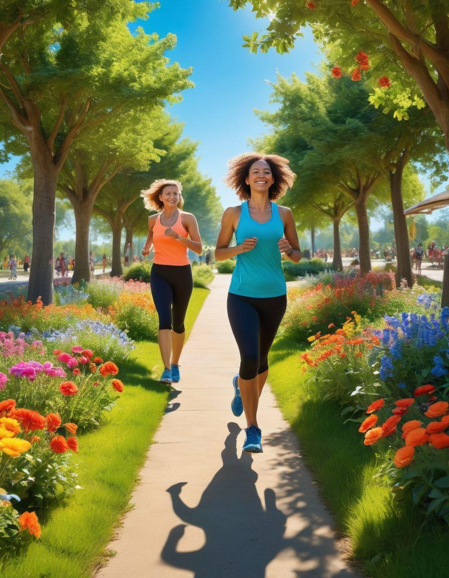 A dynamic scene of diverse individuals enthusiastically engaging in various physical activities such as jogging, cycling, and yoga in a bright, sunny park. Lush greenery surrounds them, with colorful flowers blooming, and a clear blue sky overhead. Expressions of joy and energy radiate from the participants, illustrating the uplifting benefits of exercise. super-realistic. vibrant colors. outdoor setting.