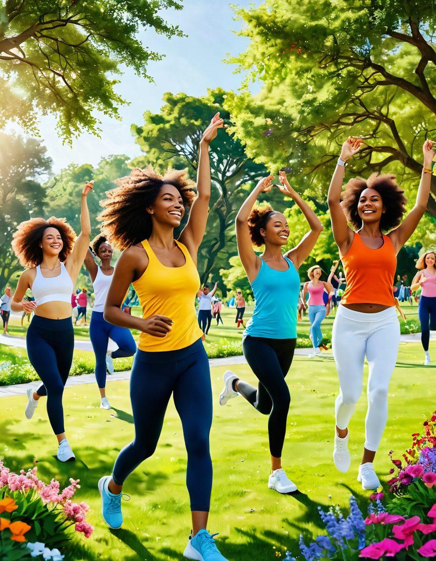 A lively scene featuring diverse people engaging in various physical activities like dancing, jogging, and yoga in a sunny park. Include vibrant greenery and blooming flowers to represent nature. Capture their smiles and expressions of joy, symbolizing how movement enhances happiness and well-being. Use bright, uplifting colors to evoke a sense of positivity. super-realistic. vibrant colors. white background.