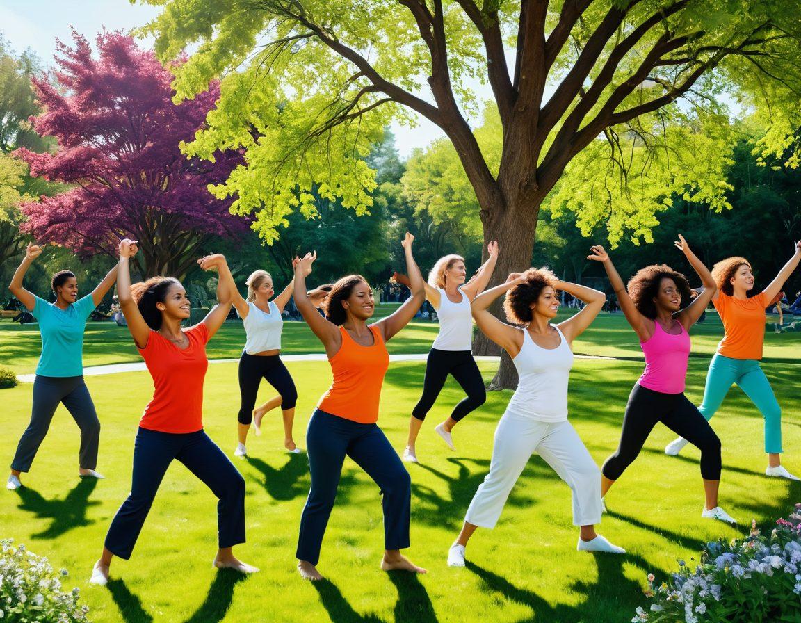 A vibrant scene depicting a diverse group of people engaging in joyful movement activities such as dancing, yoga, and outdoor sports in a sunlit park. Include elements of nature like blooming flowers and trees to highlight well-being. Their expressions should convey happiness and energy, symbolizing transformation and vitality. Utilize bright colors and a dynamic composition to evoke a sense of freedom and joy. super-realistic. vibrant colors. white background.